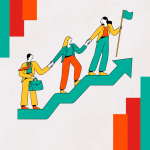 Ilustración de tres personas avanzando juntas por una flecha ascendente, símbolo de liderazgo consciente, colaboración y construcción de confianza.