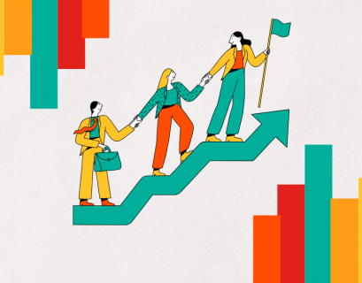 Ilustración de tres personas avanzando juntas por una flecha ascendente, símbolo de liderazgo consciente, colaboración y construcción de confianza.