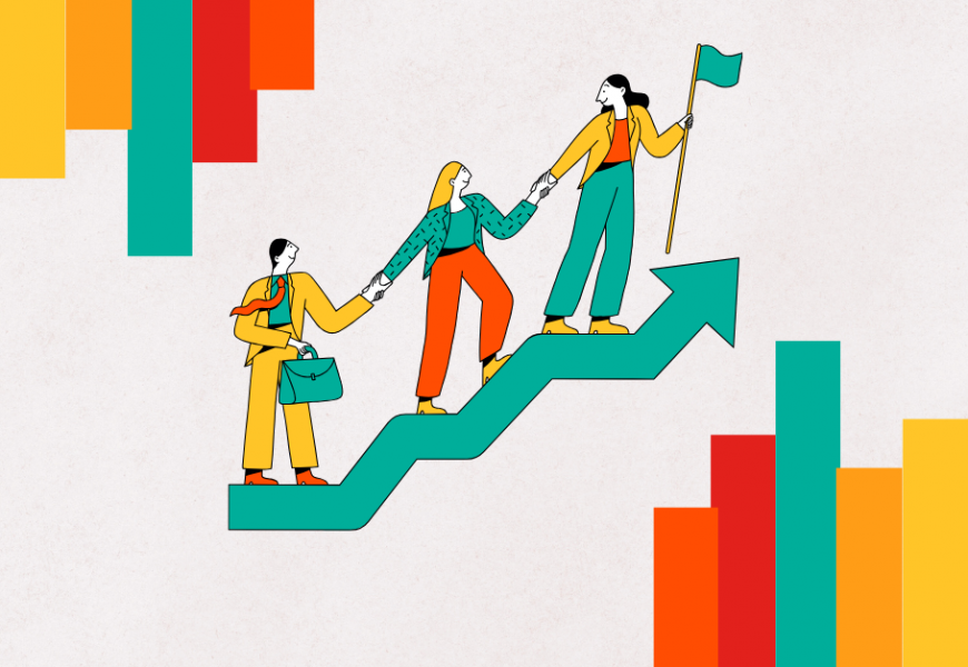 Ilustración de tres personas avanzando juntas por una flecha ascendente, símbolo de liderazgo consciente, colaboración y construcción de confianza.