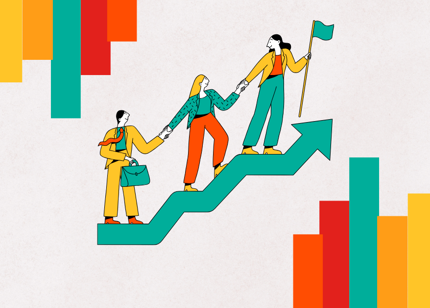Ilustración de tres personas avanzando juntas por una flecha ascendente, símbolo de liderazgo consciente, colaboración y construcción de confianza.