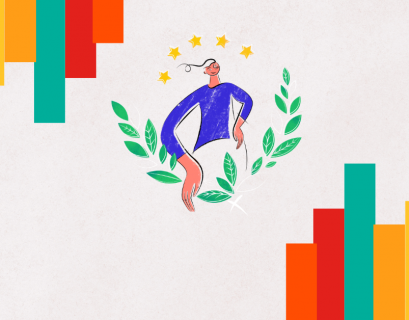 Ilustración de una persona rodeada de hojas verdes y estrellas doradas, simbolizando liderazgo consciente y crecimiento sostenible, con elementos gráficos en colores vibrantes.