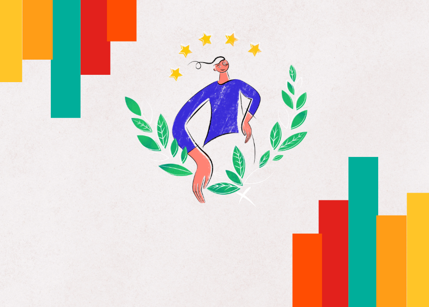 Ilustración de una persona rodeada de hojas verdes y estrellas doradas, simbolizando liderazgo consciente y crecimiento sostenible, con elementos gráficos en colores vibrantes.