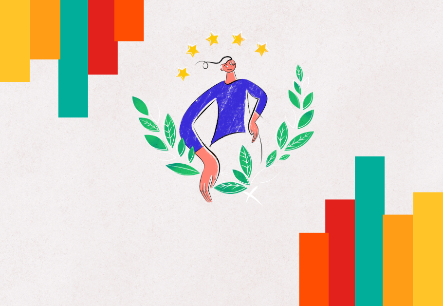 Ilustración de una persona rodeada de hojas verdes y estrellas doradas, simbolizando liderazgo consciente y crecimiento sostenible, con elementos gráficos en colores vibrantes.