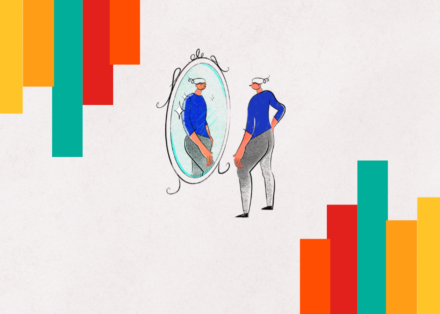 Ilustración sobre autenticidad y congruencia empresarial reflejada en un espejo.