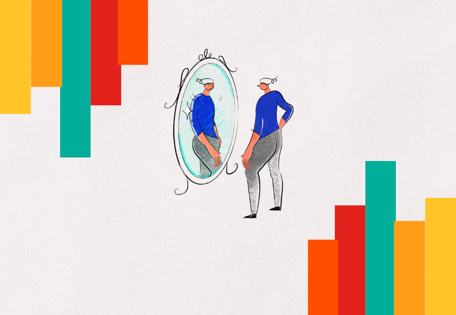 Ilustración sobre autenticidad y congruencia empresarial reflejada en un espejo.