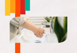 “Manos lavándose bajo el grifo con elementos de colores tipo arcoíris, representación visual del washing corporativo y la incongruencia entre discurso y acción.”