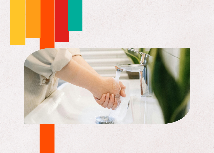 “Manos lavándose bajo el grifo con elementos de colores tipo arcoíris, representación visual del washing corporativo y la incongruencia entre discurso y acción.”