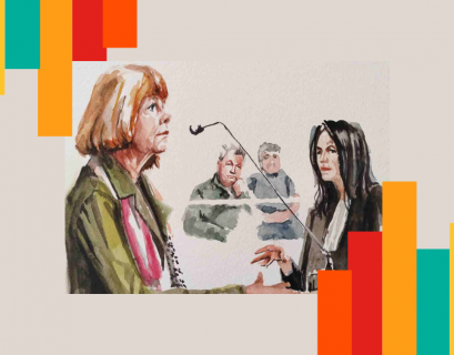 ilustracion del juicio de Gisèle Pelicot, cuyo testimonio público transformó la conversación sobre la vergüenza y la violencia.