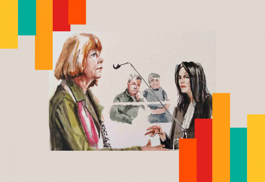 ilustracion del juicio de Gisèle Pelicot, cuyo testimonio público transformó la conversación sobre la vergüenza y la violencia.