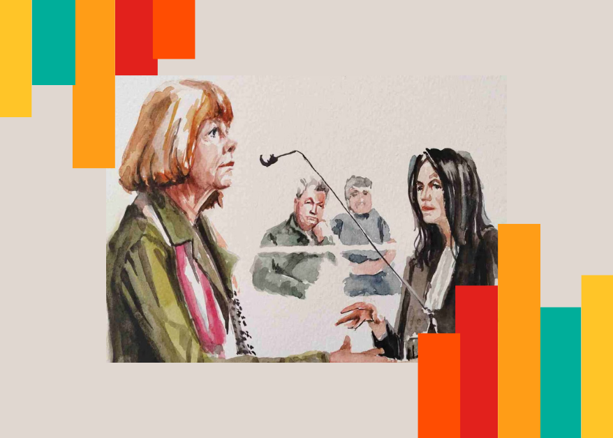 ilustracion del juicio de Gisèle Pelicot, cuyo testimonio público transformó la conversación sobre la vergüenza y la violencia.